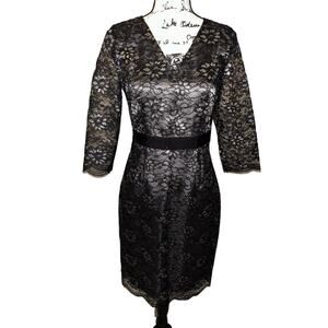 Banana‎ Republic Black Gold Floral Lace Dress Cocktail Elegant V Neck 3/4 Sleeve